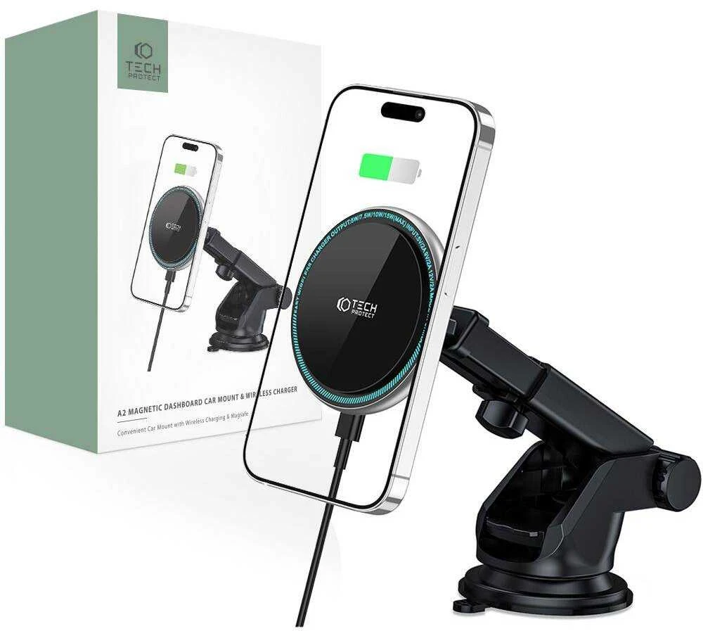 Magnetinis automobilinis laikiklis MagSafe su 15W indukcinis įkrovimas priekiniam stiklui / prietaisų skydeliui teleskopinė rankena Tech-Protect A2 juodos spalvos