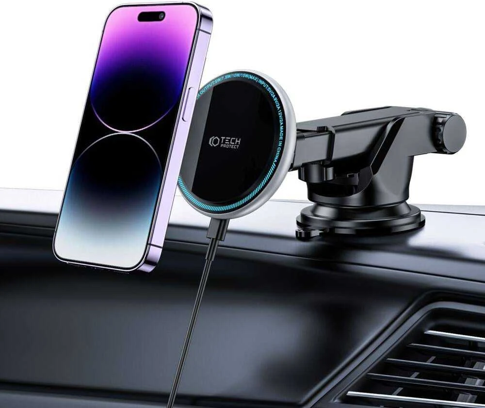 Magnetinis automobilinis laikiklis MagSafe su 15W indukcinis įkrovimas priekiniam stiklui / prietaisų skydeliui teleskopinė rankena Tech-Protect A2 juodos spalvos