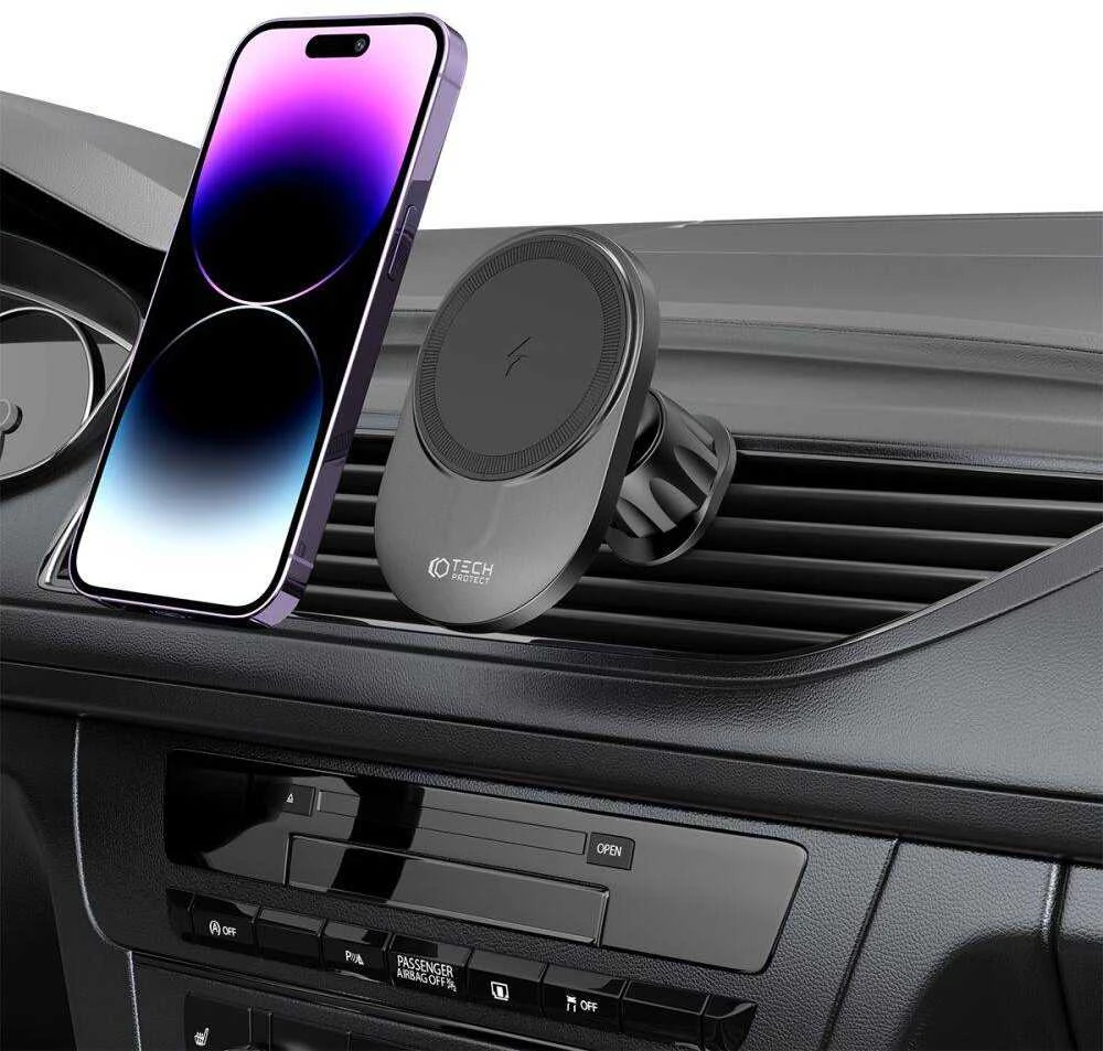 Magnetinis automobilinis laikiklis MagSafe su 15W indukciniu prietaisų skydelio / ventiliacijos grotelių įkrovimu Teleskopinė rankena Tech-Protect mm15W-V1 juodos spalvos