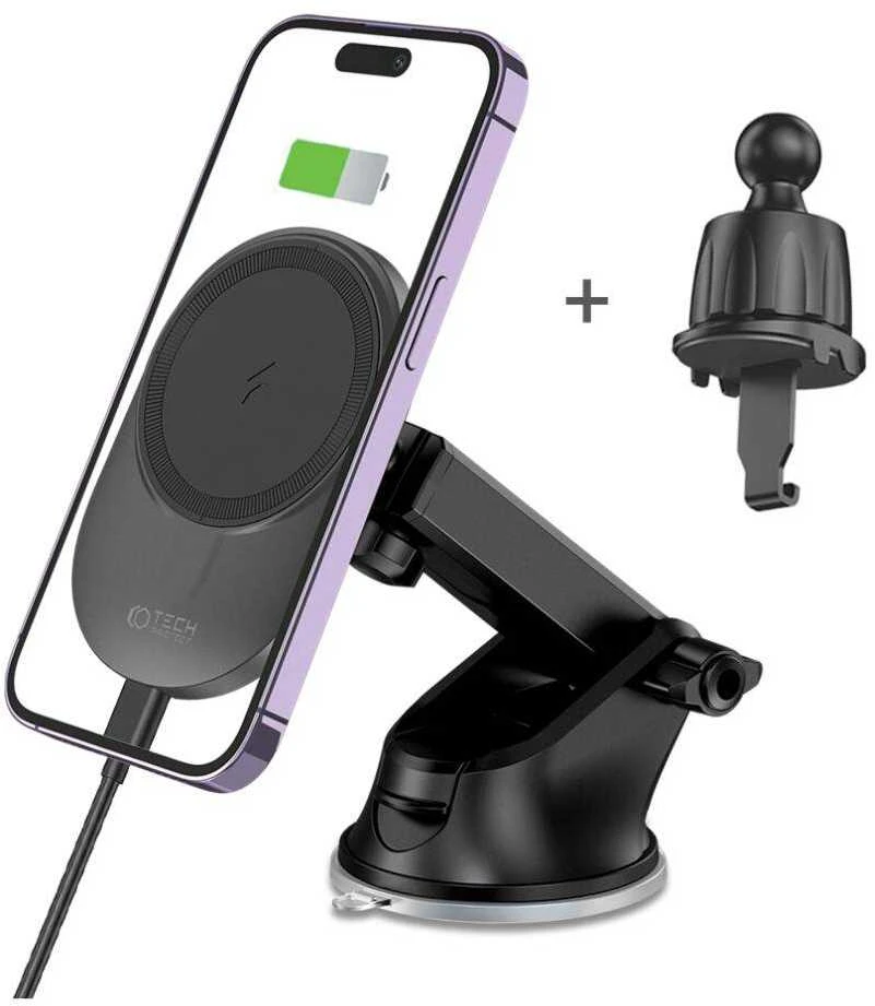 Magnetinis automobilinis laikiklis MagSafe su 15W indukciniu prietaisų skydelio / ventiliacijos grotelių įkrovimu Teleskopinė rankena Tech-Protect mm15W-V1 juodos spalvos