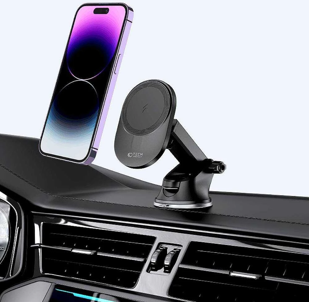 Magnetinis automobilinis laikiklis MagSafe su 15W indukciniu prietaisų skydelio / ventiliacijos grotelių įkrovimu Teleskopinė rankena Tech-Protect mm15W-V1 juodos spalvos