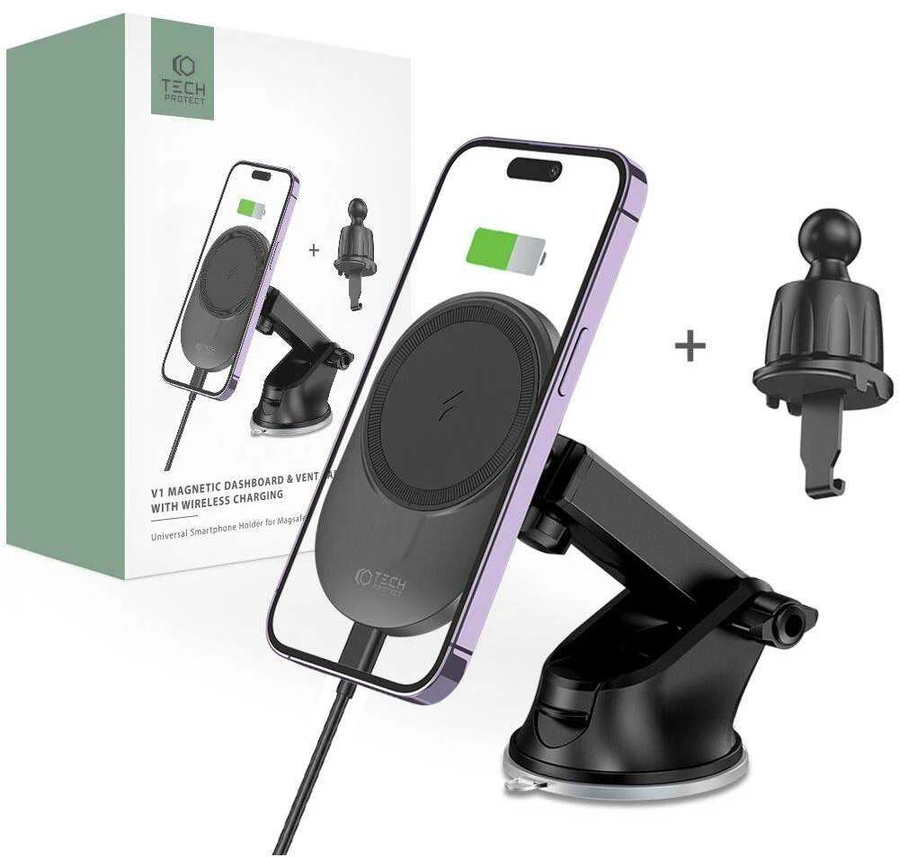 Magnetinis automobilinis laikiklis MagSafe su 15W indukciniu prietaisų skydelio / ventiliacijos grotelių įkrovimu Teleskopinė rankena Tech-Protect mm15W-V1 juodos spalvos