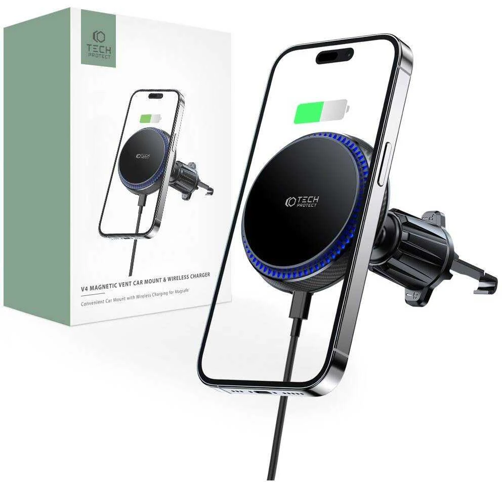 Magnetic MagSafe Automobilinis laikiklis Wireless Charging 15W for Vent Car Tech-Protect mm15W-V4 juodos spalvos