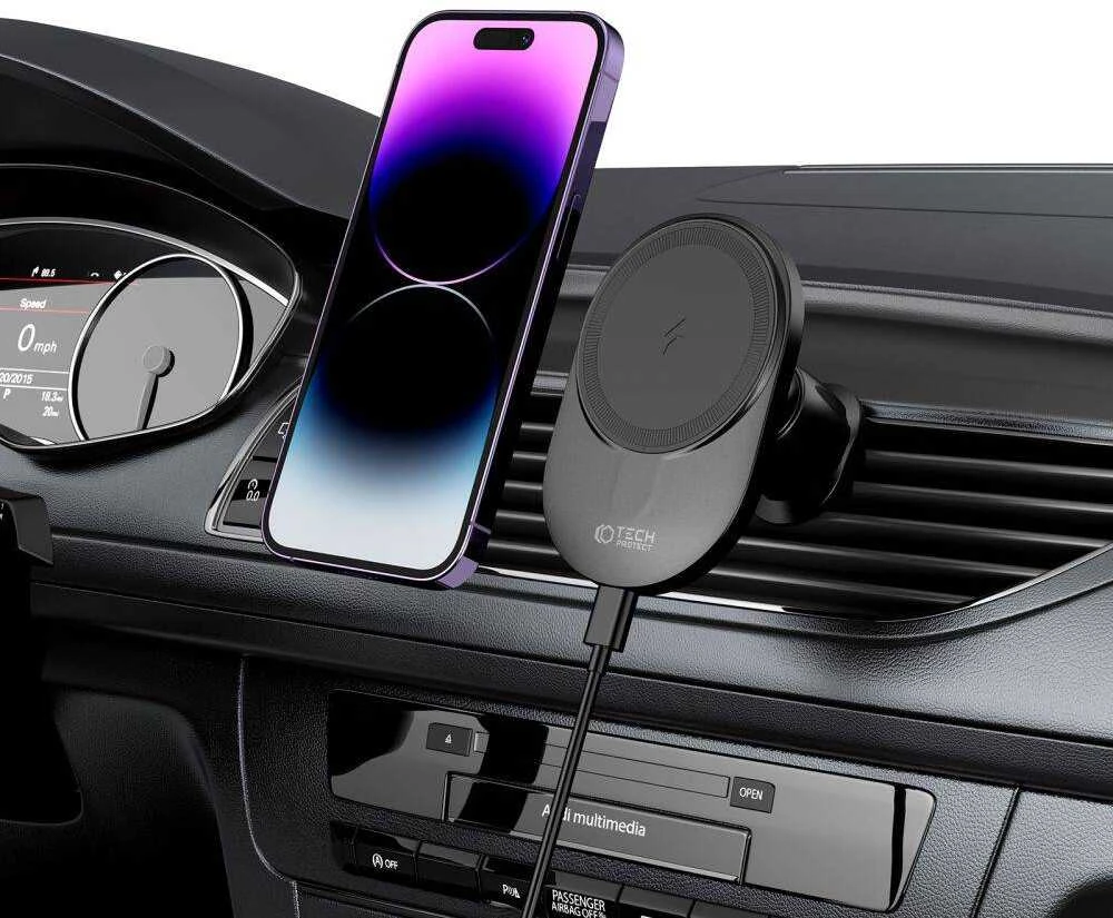 Magnetic MagSafe Automobilinis laikiklis Wireless Charging 15W for Vent Car Tech-Protect mm15W-V1 juodos spalvos