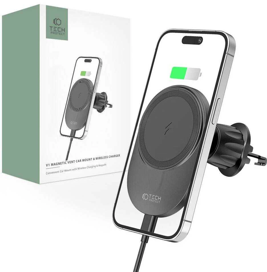 Magnetic MagSafe Automobilinis laikiklis Wireless Charging 15W for Vent Car Tech-Protect mm15W-V1 juodos spalvos