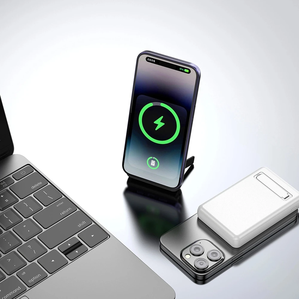 Magnetinis išorinis akumuliatorius (powerbank) Dudao K14S+ 10000mAh 22.5W USB-A + USB-C suderinamas su MagSafe su stovu – baltas