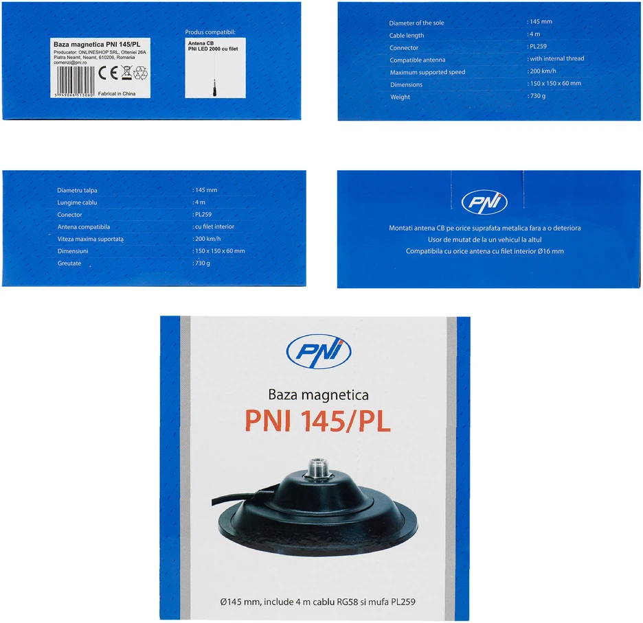 Magnetinis pagrindas PNI 145 / PL 145mm su 4m kabeliu ir PL259 jungtimi