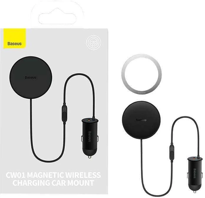 Magnetinis automobilinio telefono laikiklis Baseus CW01 prie ventiliacijos tinklelio su automobiliniu įkrovikliu USB-C, 15W + 25W (juodas)