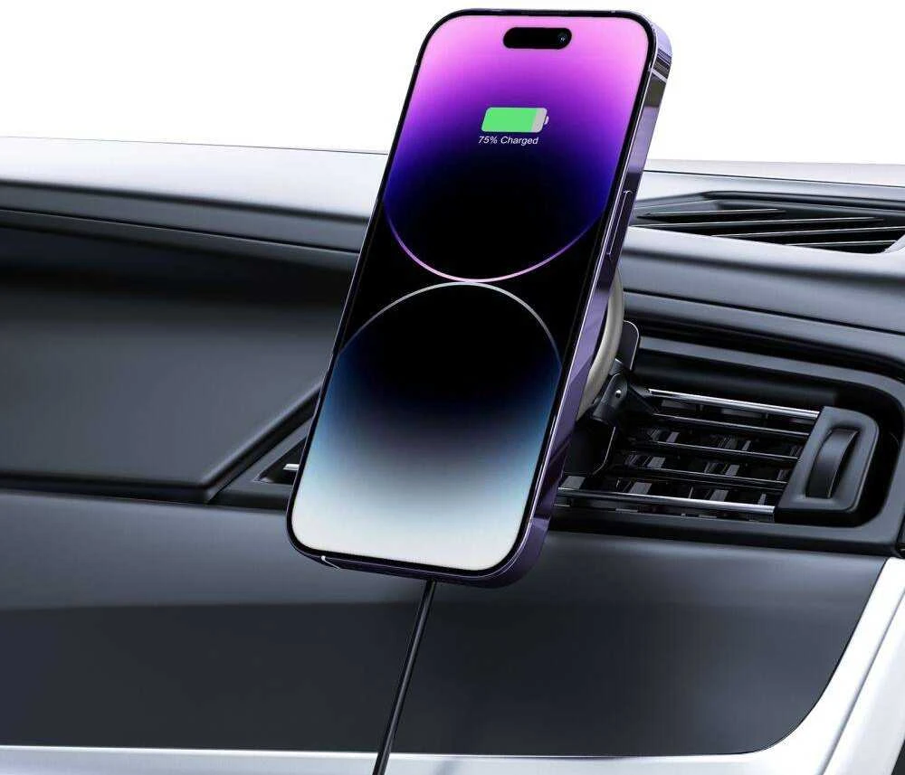 MagSafe Automobilinis laikiklis su 15W belaidžiu įkrovimu ventiliacijos grotelėms Tech-Protect A2 juodos spalvos