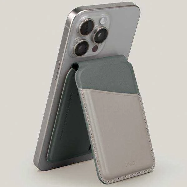 Dėklas UNIQ Lyden DS magnetic wallet RFIDi phone stand beige-žalios spalvos/ivory-lichen žalios spalvos