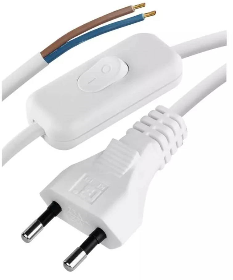 Maitinimo kabelis AC su kištuku 2m, jungikliu ir lituojamais išvadais iki 2.5A PVC 2× 0,75mm² baltas EMOS