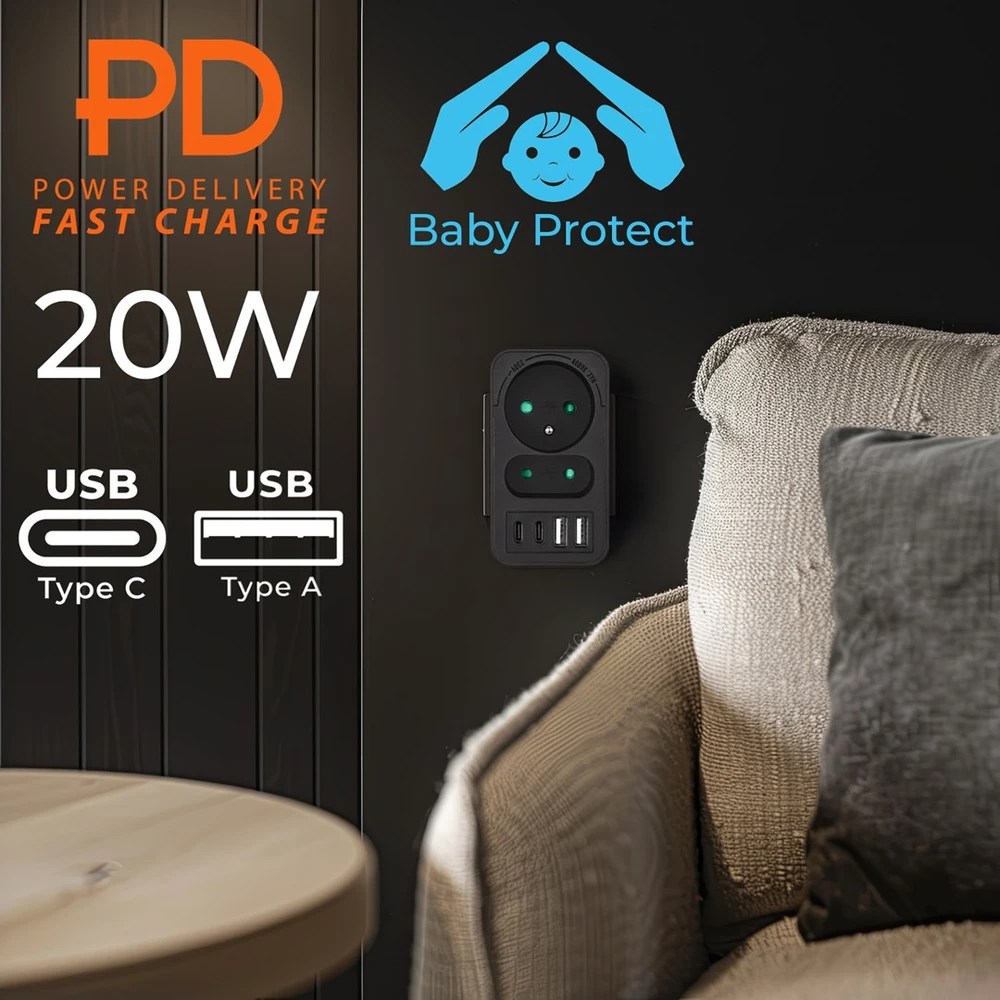 „Maclean“ srovės lizdas x2 + 4xUSB, skirstytuvas su 2 lizdais, 2xUSB A, 2xUSB C PD 20W, 1x16A + 1x6A, MCE249 F/B