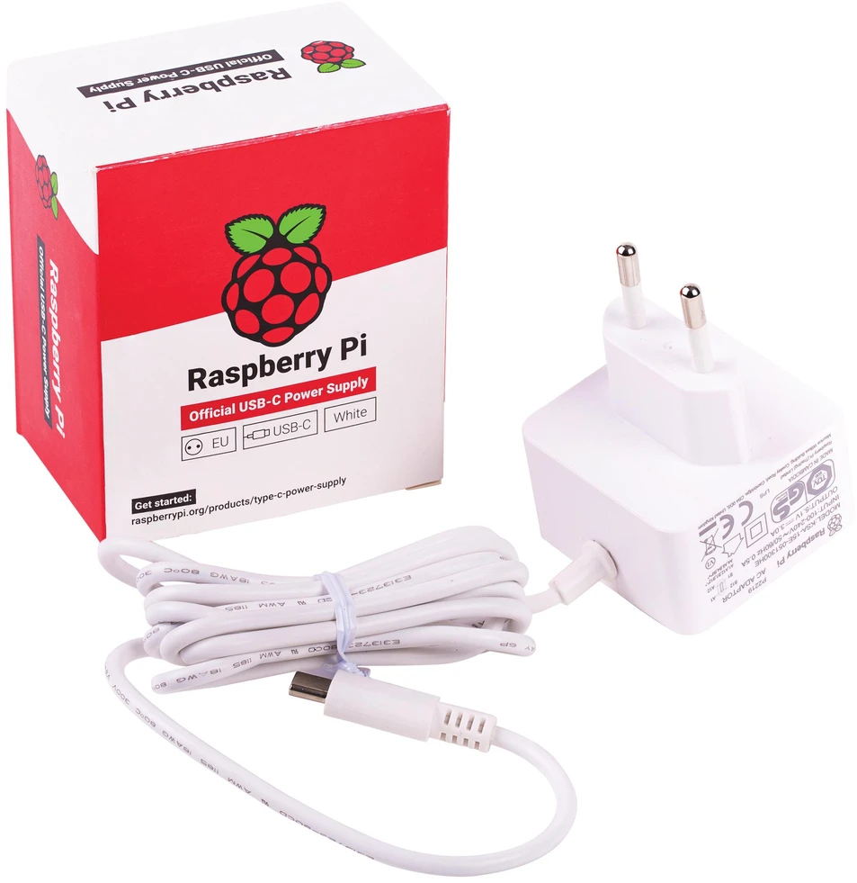 Oficialiai parduodamas „Raspberry Pi Foundation“ Baltas „Raspberry Pi 5.1A/3A“ maitinimo šaltinis – baltas, masinis