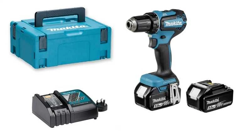 Makita DDF485RTJ Akumuliatorinis suktuvas gręžtuvas, 18 V, 2x 5,0 Ah Li-ion, 50/25 Nm, LED, bešepetėlinis
