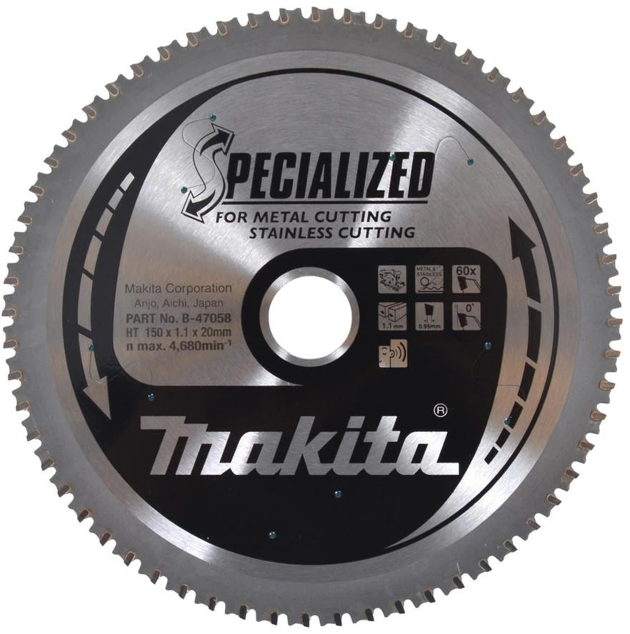Makita T.C.T. pjūklas SPECIALIZED 150X1.1X20mm 0° T60 B-47173 T.C.T • 150 x20 mm • T60 • 0° • Metalui/Nerūd. plienui