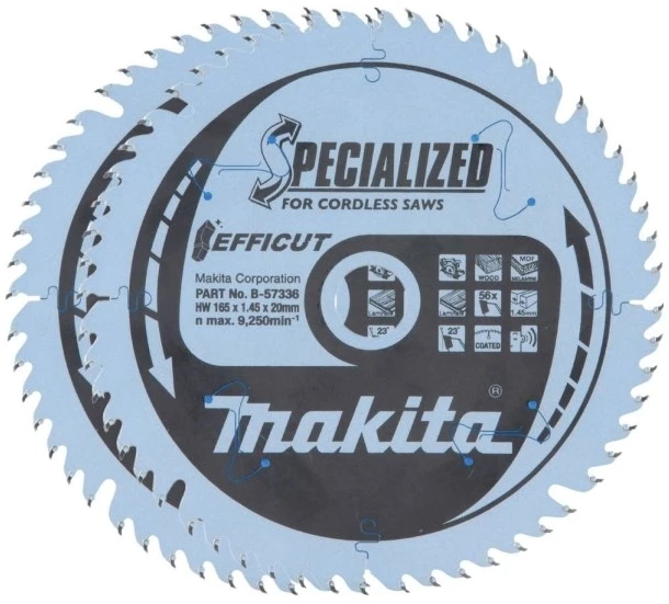 Makita T.C.T. pjūklas medienai/ MDF/laminatui 165X1.45X20mm 23° T56 EFFICUT 2 vnt. B-57336-2