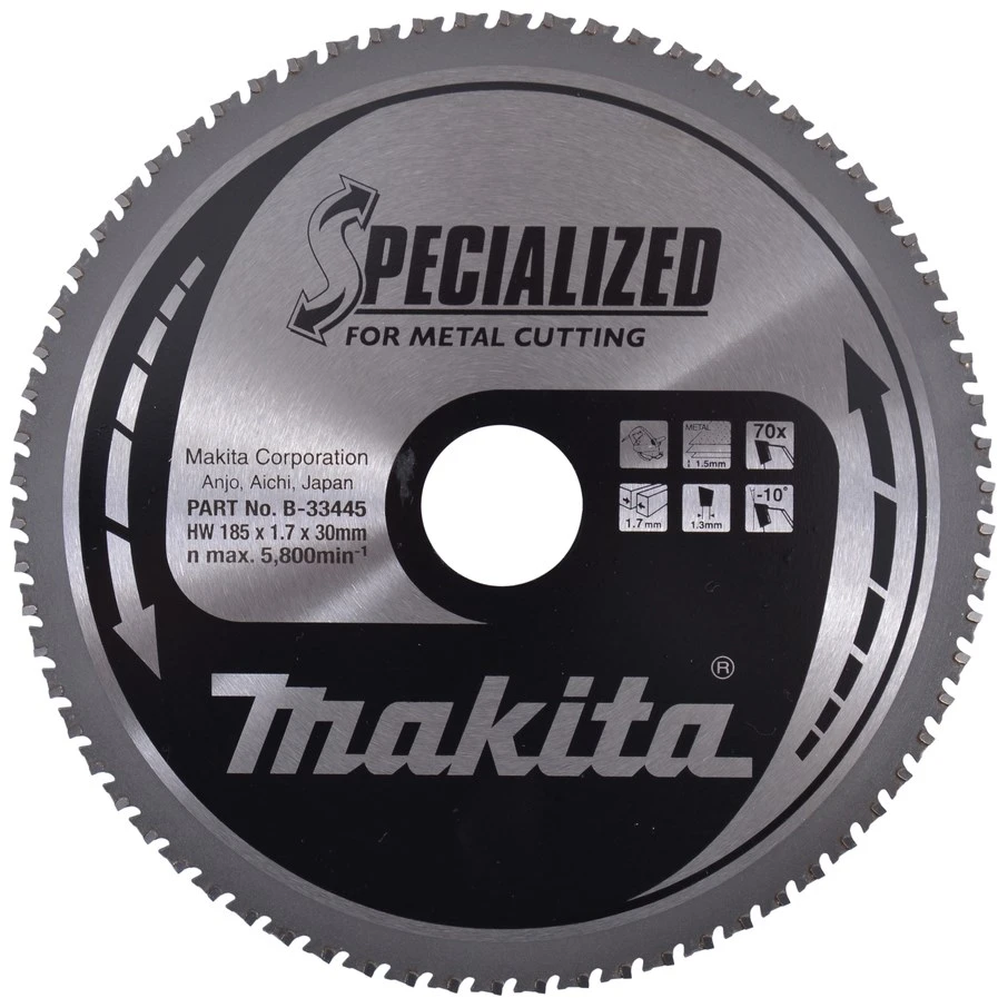 Makita T.C.T. pjūklas SPECIALIZED 185X1.7X30mm -10° T70 B-33445 T.C.T • 185 x30 mm • T70 • -10° • Metalui