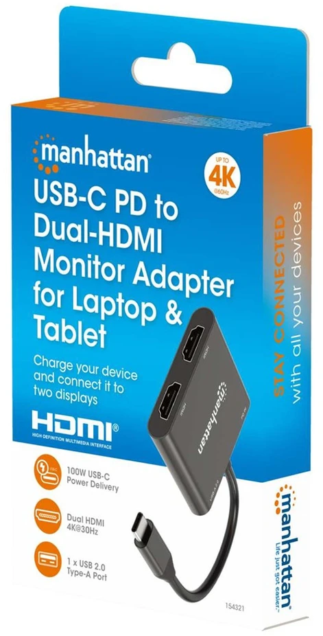 Manhattan 154321 vaizdo kabelio adapteris 0,15 m C tipo USB 2 x HDMI Juoda