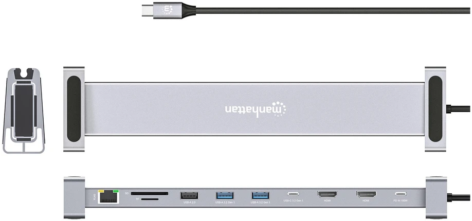 Manhattan 190398 knyginių kompiuterių dokas / jungčių replikatorius Vielinis USB 3.2 Gen 1 (3.1 Gen 1) Type-C Pilka