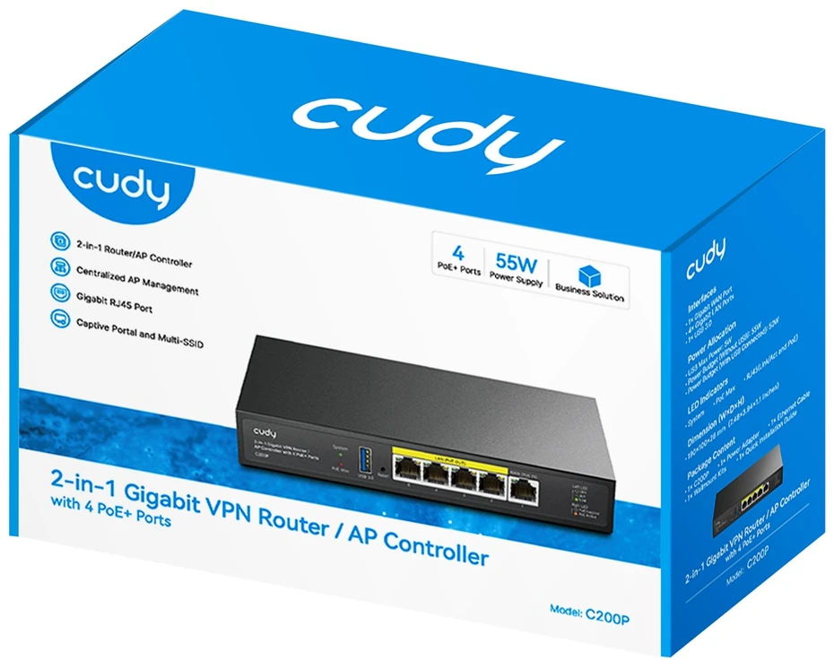 Maršrutizatorius CUDY C200P | router, kontroler, Gigabit, PoE, 30W