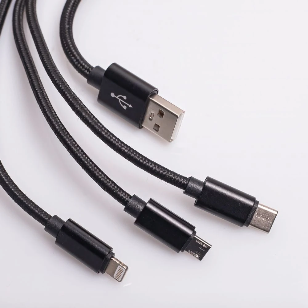 Maxlife Nylon 3in1 USB laidas A tipas - microUSB + Lightning + USB tipas C - juodas - 1m