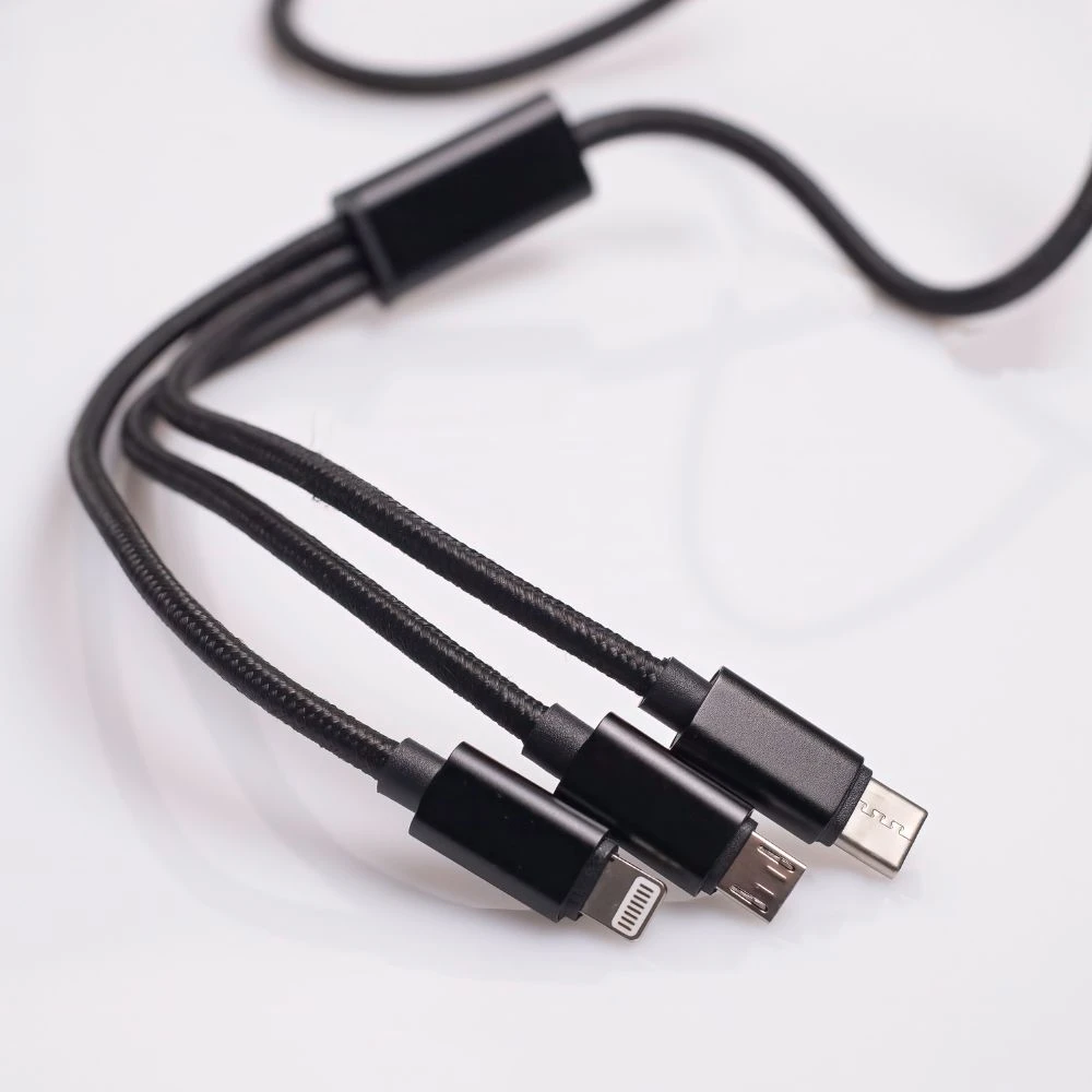 Maxlife Nylon 3in1 USB laidas A tipas - microUSB + Lightning + USB tipas C - juodas - 1m