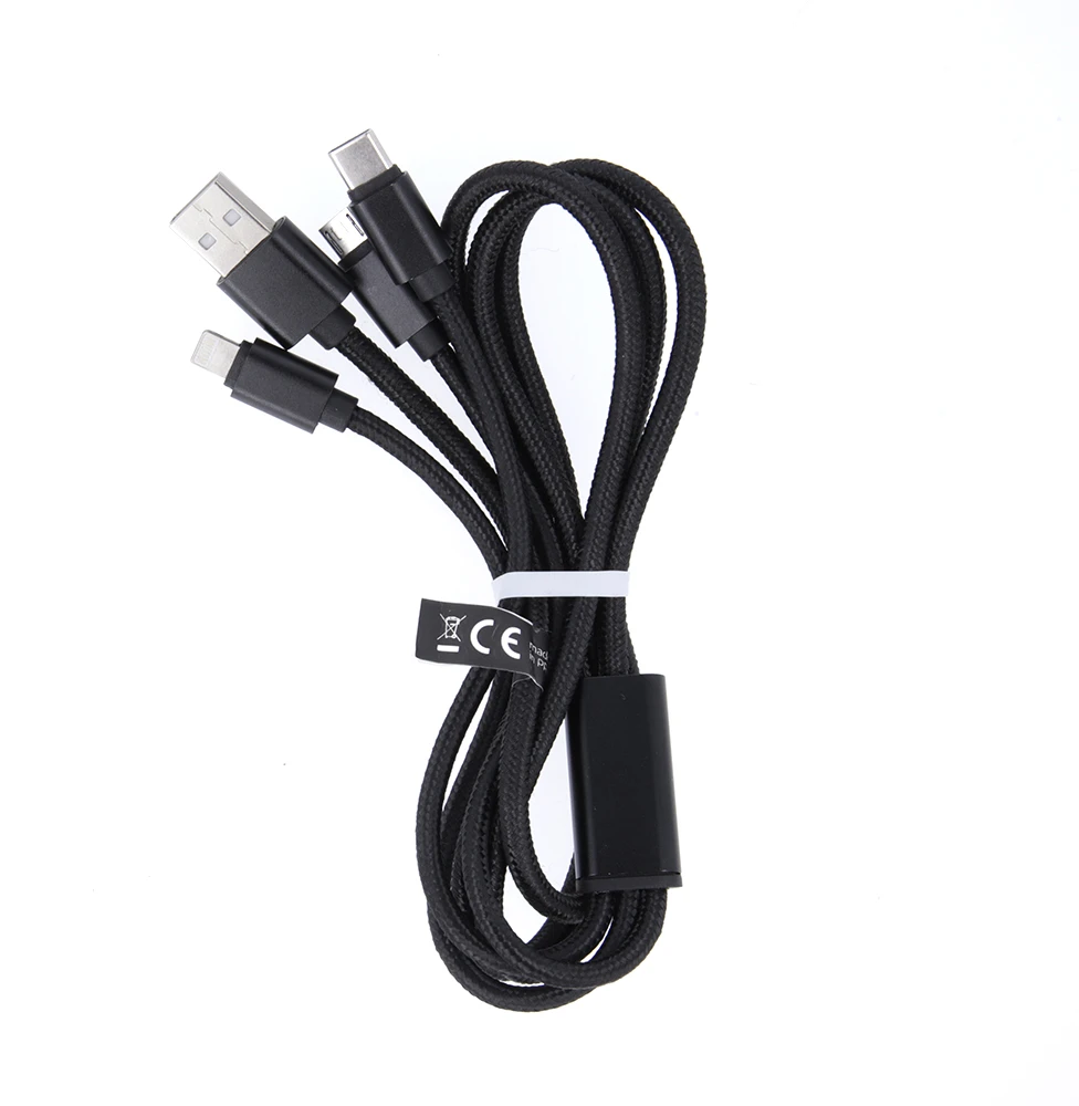 Maxlife Nylon 3in1 USB laidas A tipas - microUSB + Lightning + USB tipas C - juodas - 1m