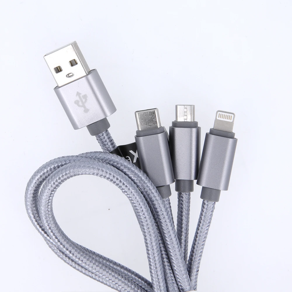 Maxlife 3in1 laidas USB – Lightning + USB-C + microUSB 1,0 m 2,1A pilkas nailoninis