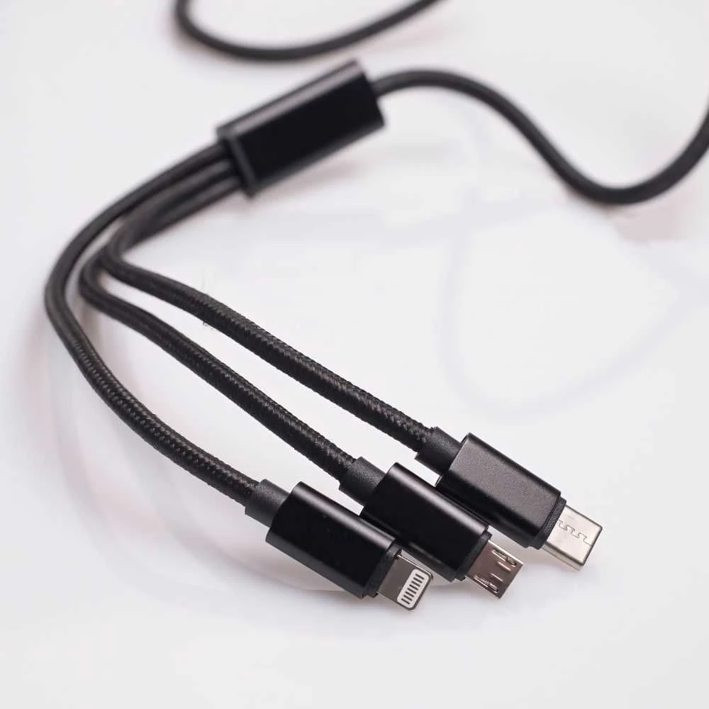 Maxlife Nylon 3in1 USB laidas A tipas - microUSB + Lightning + USB tipas C - juodas - 1m
