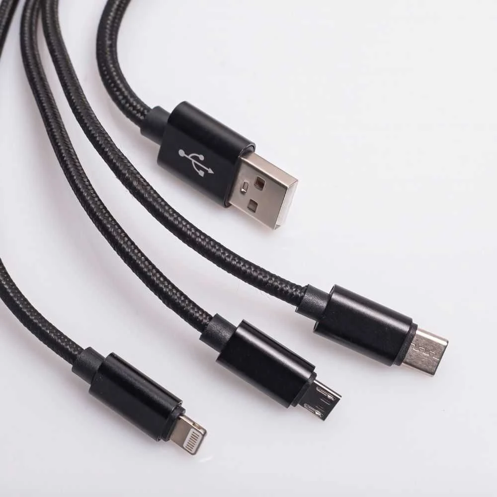 Maxlife Nylon 3in1 USB laidas A tipas - microUSB + Lightning + USB tipas C - juodas - 1m
