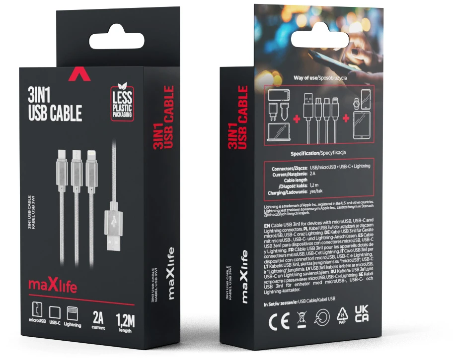 Maxlife 3in1 laidas USB – Lightning + USB-C + microUSB 1,0 m 2,1A pilkas nailoninis