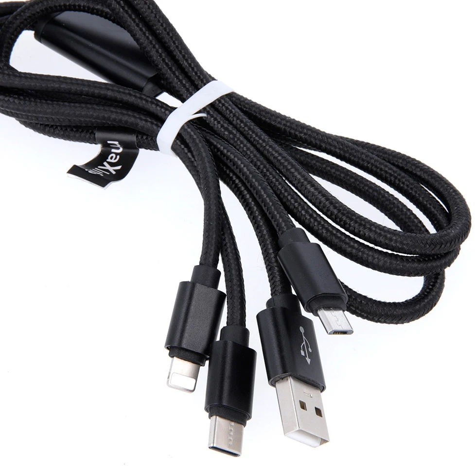 Maxlife Nylon 3in1 USB laidas A tipas - microUSB + Lightning + USB tipas C - juodas - 1m