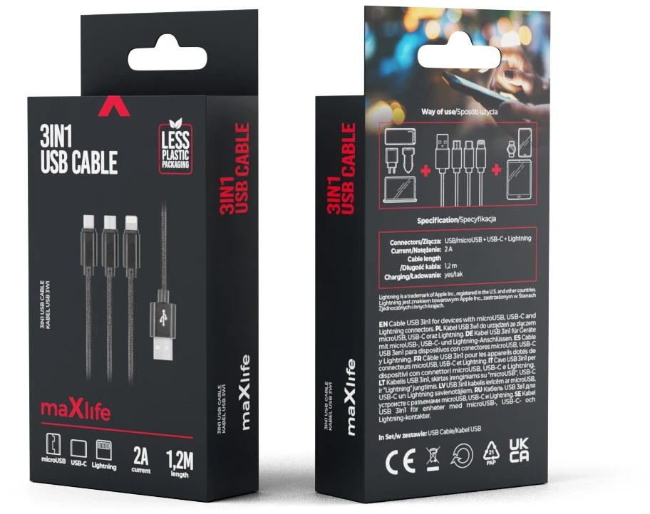 Maxlife Nylon 3in1 USB laidas A tipas - microUSB + Lightning + USB tipas C - juodas - 1m
