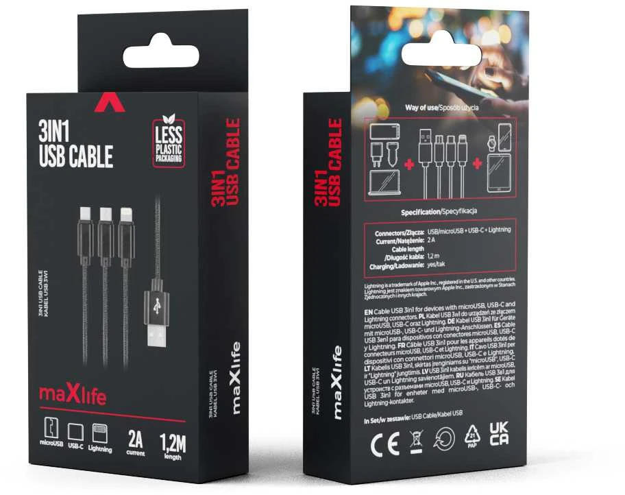 Maxlife Nylon 3in1 USB laidas A tipas - microUSB + Lightning + USB tipas C - juodas - 1m