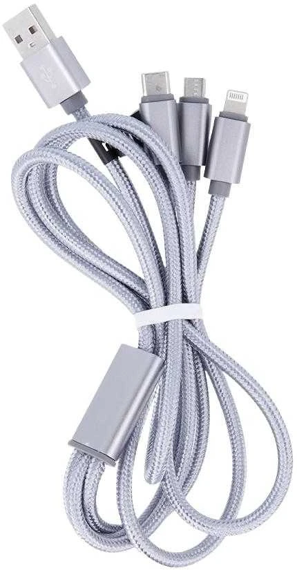 Maxlife 3in1 laidas USB – Lightning + USB-C + microUSB 1,0 m 2,1A pilkas nailoninis