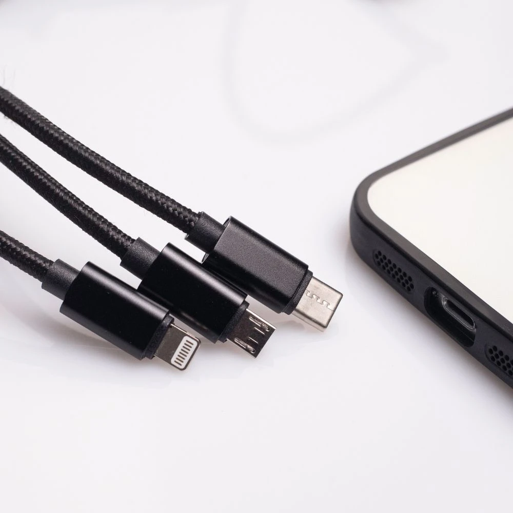 Maxlife Nylon 3in1 USB laidas A tipas - microUSB + Lightning + USB tipas C - juodas - 1m