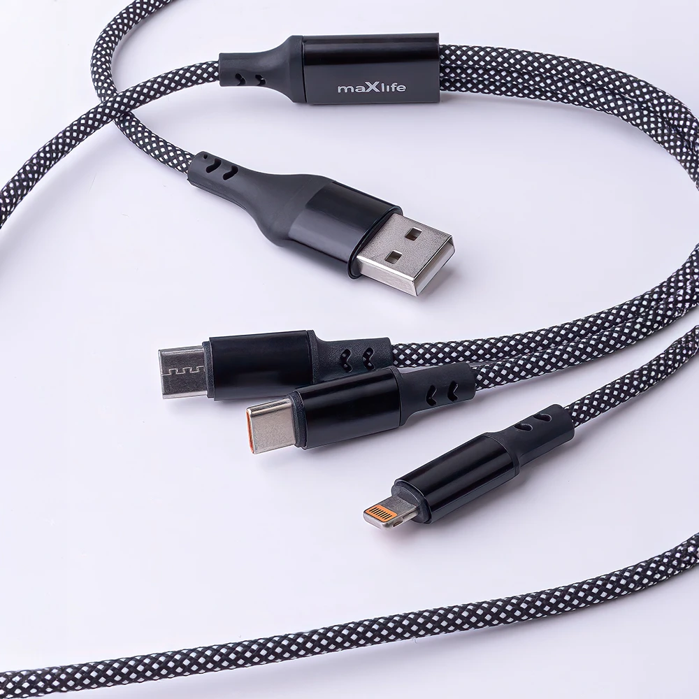 Maxlife ALLin1 laidas USB + USB-C – Lightning + 2x USB-C 1,0 m 66W juodas