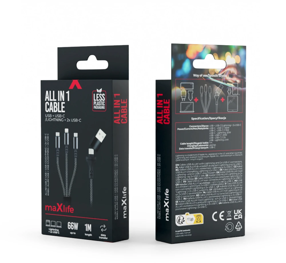 Maxlife ALLin1 laidas USB + USB-C – Lightning + 2x USB-C 1,0 m 66W juodas