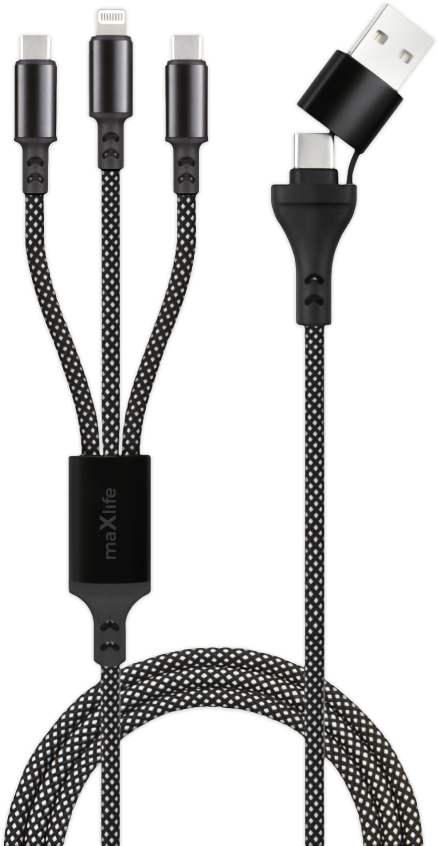 Maxlife ALLin1 laidas USB + USB-C – Lightning + 2x USB-C 1,0 m 66W juodas