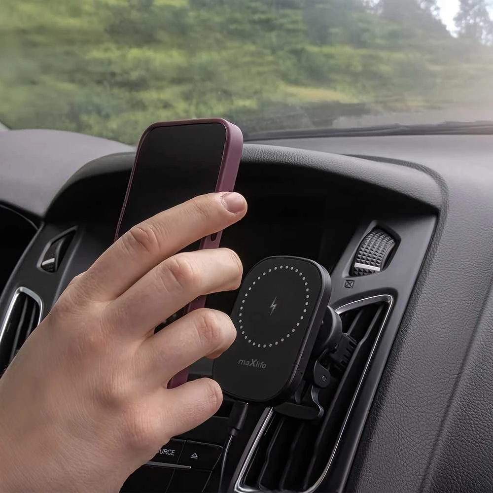 Maxlife automobilinis laikiklis ventiliacijos grotelėms MXCH-16 magnetinis su belaidžiu įkrovimu juodas 15W