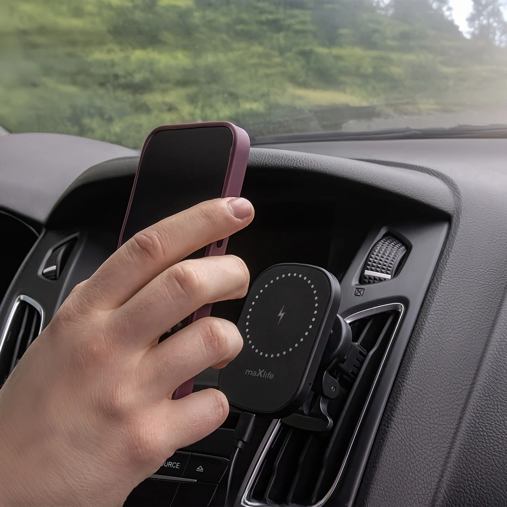 Maxlife automobilinis laikiklis ventiliacijos grotelėms MXCH-16 magnetinis su belaidžiu įkrovimu juodas 15W
