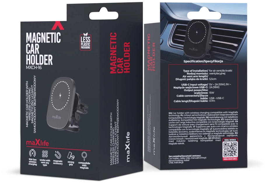 Maxlife automobilinis laikiklis ventiliacijos grotelėms MXCH-16 magnetinis su belaidžiu įkrovimu juodas 15W
