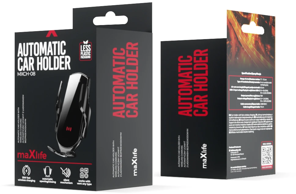 Maxlife automobilinis laikiklis ventiliacijos grotelėms MXCH-08 automatinis su belaidžiu įkrovimu juodas 15W