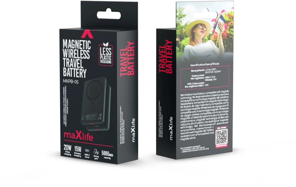 Maxlife belaidė išorinė baterija MXPB-05 20W PD 5000 mAh magnetinė juoda