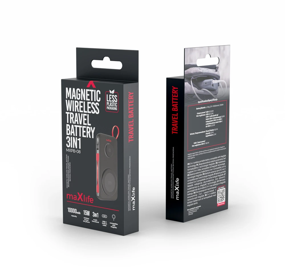 Maxlife belaidė išorinė baterija MXPB-08 10000 mAh magnetinė 3in1 juoda