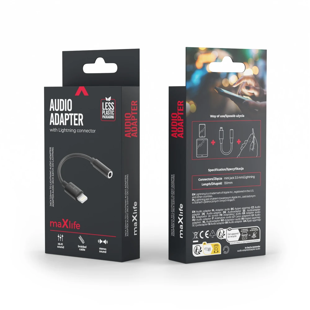Maxlife garso adapteris MXJL-02 jack 3,5 mm – Lightning juodas