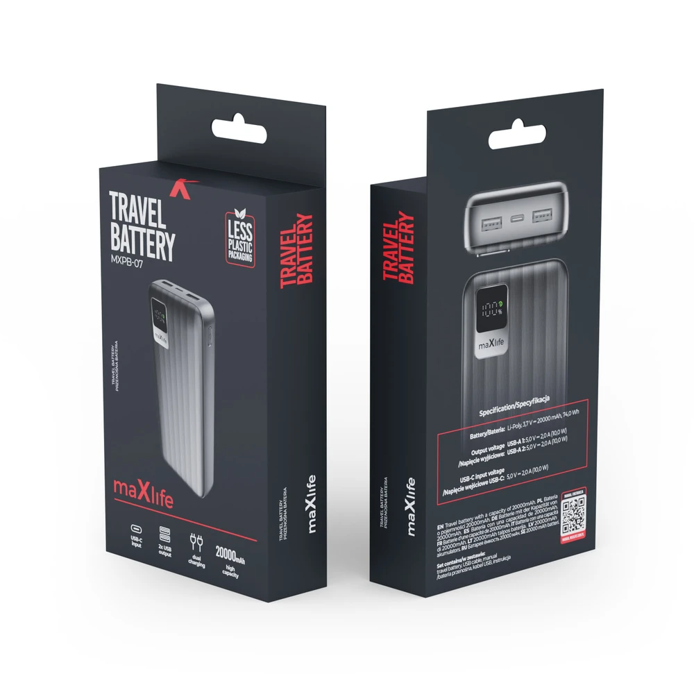 Maxlife išorinė baterija MXPB-07 20000 mAh juoda