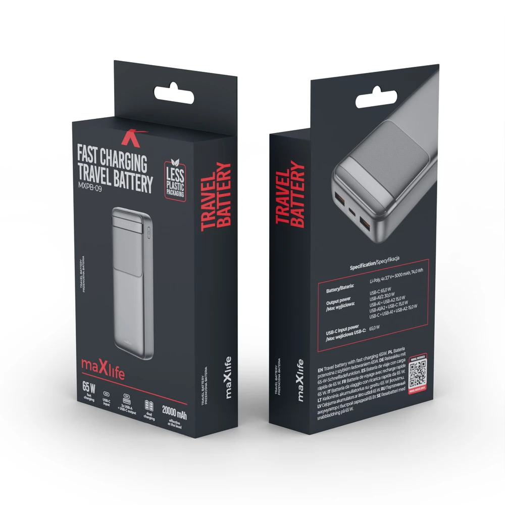 Maxlife išorinė baterija MXPB-09 QC PD 65W 20000 mAh juoda