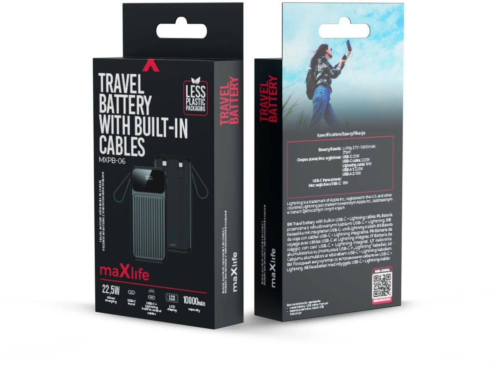 Maxlife išorinė baterija su integruotais laidais MXPB-06 PD QC 22,5W 10000 mAh juoda
