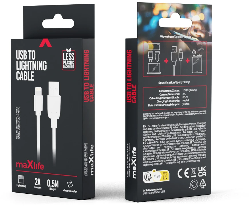 „Maxlife“ laidas USB – „Lightning“ 0,5 m 2A baltas